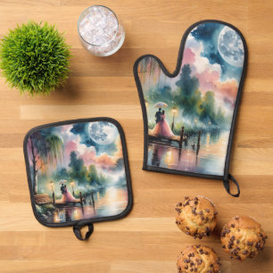 Ensemble De Gant De Cuisine Et De Manique Ambiance romantique Moonlight Watercolor Scène noc