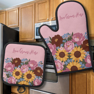 Ensemble De Gant De Cuisine Et De Manique Amour de Décor Floral Croît Ici - Pivoines tournes