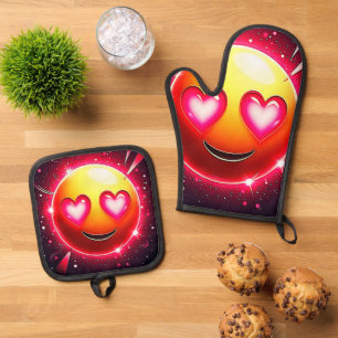 Ensemble De Gant De Cuisine Et De Manique Amour Étincelle Coeurs Emoji