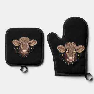 Ensemble De Gant De Cuisine Et De Manique Amoureux de vache de Noël Lumières Ferme Agriculte