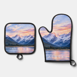 Ensemble De Gant De Cuisine Et De Manique Amoureux de voyage artistique Alaska Coucher de so