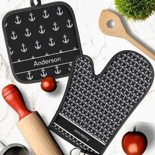 Ensemble De Gant De Cuisine Et De Manique Ancre nautique personnalisée Salle de bain Océan n