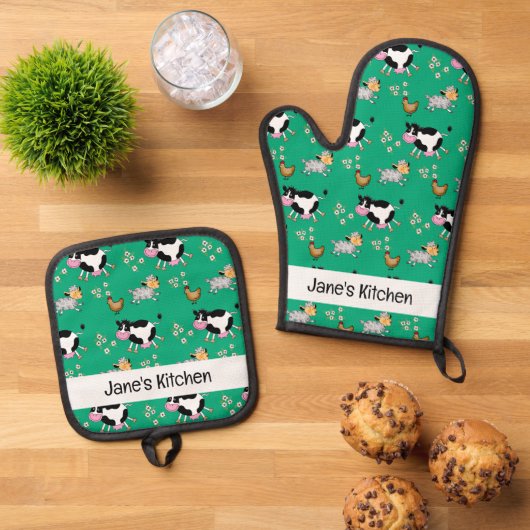 Ensemble De Gant De Cuisine Et De Manique animaux de ferme amusants (nom) (De haut en bas)