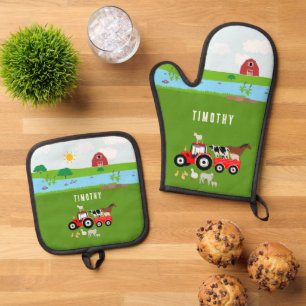 Ensemble De Gant De Cuisine Et De Manique Animaux de ferme et tracteur rouge Barnyard Nom pe