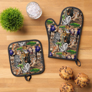 Ensemble De Gant De Cuisine Et De Manique Animaux sauvages de la Savane africaine