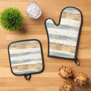 Ensemble De Gant De Cuisine Et De Manique Aqua Blue Gold Parties scintillant Confetti Zebra
