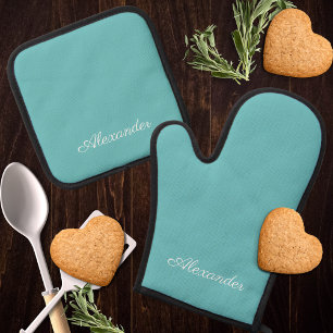 Ensemble De Gant De Cuisine Et De Manique Aqua Turquoise bleu modèle blanc moderne