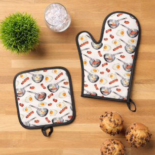 Ensemble De Gant De Cuisine Et De Manique Aquarelle Bacon & Oeufs Petit déjeuner Motif alime