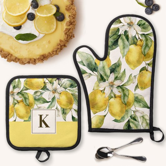 Ensemble De Gant De Cuisine Et De Manique Aquarelle Citrus citron avec Monogramme initial