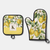 Ensemble De Gant De Cuisine Et De Manique Aquarelle Citrus citron avec Monogramme initial (Recto)