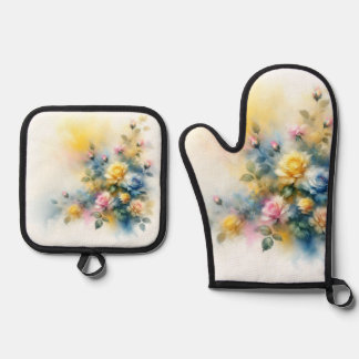 Ensemble De Gant De Cuisine Et De Manique Aquarelle Dreamy Blue, Yellow et Rose