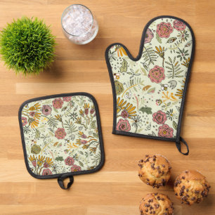 Ensemble De Gant De Cuisine Et De Manique Aquarelle Florale Fleurs d'abeille Élégante Modern