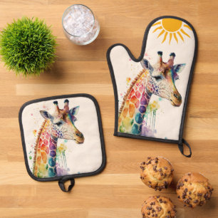 Ensemble De Gant De Cuisine Et De Manique Aquarelle Giraffe