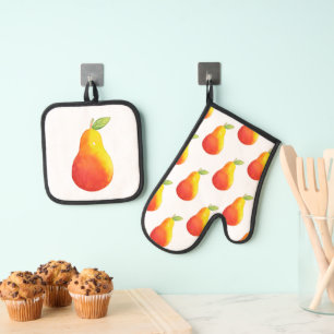 Ensemble De Gant De Cuisine Et De Manique Aquarelle Pear & Pear Motif