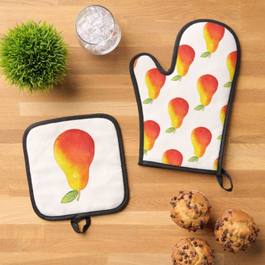 Ensemble De Gant De Cuisine Et De Manique Aquarelle Pear & Pear Motif (De haut en bas)