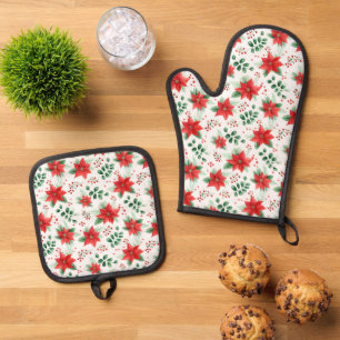 Ensemble De Gant De Cuisine Et De Manique Aquarelle Pointsettia Motif botanique