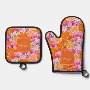 Ensemble De Gant De Cuisine Et De Manique Aquarelle rose vif Orange Floral Nom