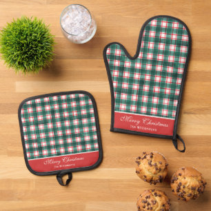 Ensemble De Gant De Cuisine Et De Manique Aquarelle Rouge et Vert Buffalo Plaid Chirstmas