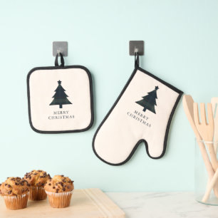 Ensemble De Gant De Cuisine Et De Manique Arbre de Noël bleu et vert de la marine