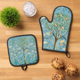 Ensemble De Gant De Cuisine Et De Manique Arbre de vie botanique vintage avec oiseaux