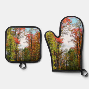 Ensemble De Gant De Cuisine Et De Manique Arbres d'automne et ciel bleu Photographie de la n