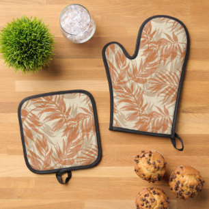 Ensemble De Gant De Cuisine Et De Manique Areca Palms Hawaiian Tropical Vintage Rust