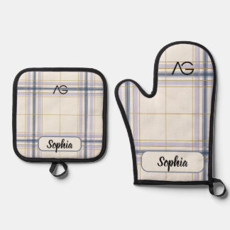 Ensemble De Gant De Cuisine Et De Manique AriaGrace Ivoire & Lavande Luxe Motif Carreaux