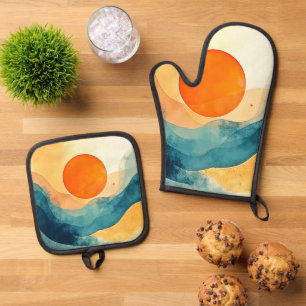 Ensemble De Gant De Cuisine Et De Manique Art Abstrait Sunset Waves