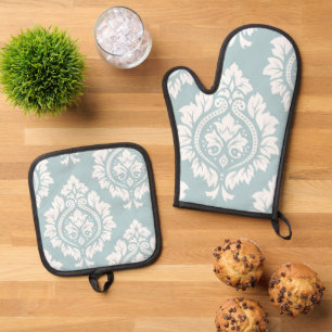 Ensemble De Gant De Cuisine Et De Manique Art de Damas décoratif I Blanc sur bleu œuf de can