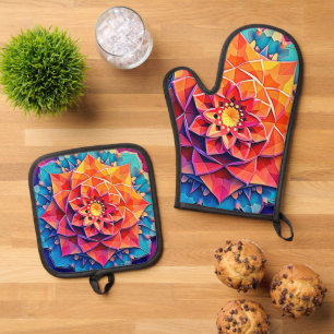 Ensemble De Gant De Cuisine Et De Manique Art d'impression d'énergie de prisme floral abstra
