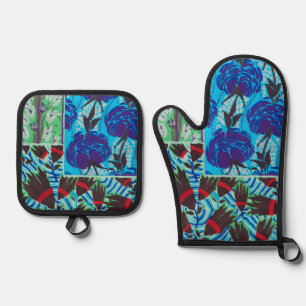 Ensemble De Gant De Cuisine Et De Manique Art floral bleu et vert maximaliste vibrant