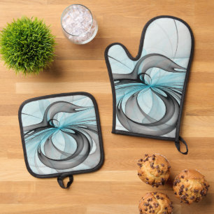 Ensemble De Gant De Cuisine Et De Manique Art fractal moderne gris anthracite abstrait bleu