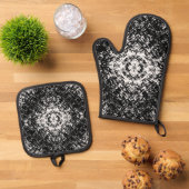 Ensemble De Gant De Cuisine Et De Manique Art Moderne Abstrait Noir Et Blanc Hypnotique (De haut en bas)