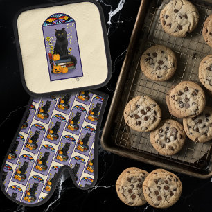Ensemble De Gant De Cuisine Et De Manique Art Nouveau Chat Noir Citrouille Violet Automne Ja