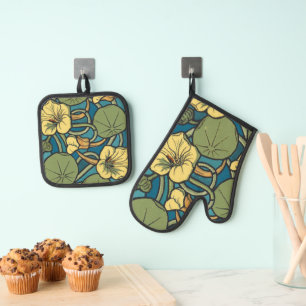 Ensemble De Gant De Cuisine Et De Manique Art Nouveau Nasturtium Bleu Or floral Verneuil