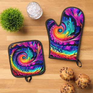 Ensemble De Gant De Cuisine Et De Manique Art Spiral Psychédélique Coloré