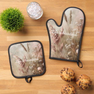 Ensemble De Gant De Cuisine Et De Manique Assez Chic Beige Blush Bohème Floral 