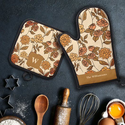 Ensemble De Gant De Cuisine Et De Manique Automne Fleurs exotiques Personnaliser Monogramme