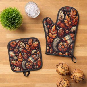 Ensemble De Gant De Cuisine Et De Manique Automne Plaid Feuilles Orange Black Motif