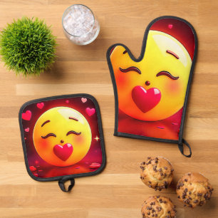 Ensemble De Gant De Cuisine Et De Manique Baiser Emoji Coeurs soufflants