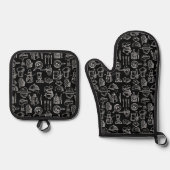 Ensemble De Gant De Cuisine Et De Manique Bakery Kitchen Symbols Pattern Black  (Recto)