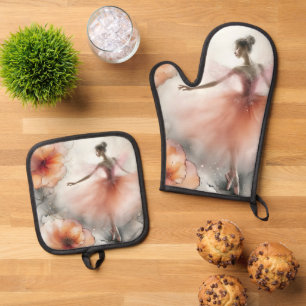 Ensemble De Gant De Cuisine Et De Manique Ballet Élégant Tourbillon en pêche