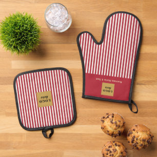 Ensemble De Gant De Cuisine Et De Manique Bande rouge et blanche personnalisée