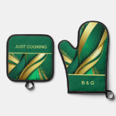 Ensemble De Gant De Cuisine Et De Manique bandes vertes et or minimales (Recto)