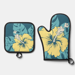 Ensemble De Gant De Cuisine Et De Manique Banzai Beach Hibiscus hawaïen Turquoise floral