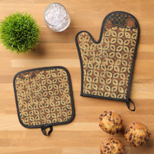 Ensemble De Gant De Cuisine Et De Manique Batik Kawung vintage indonésien à motif rustique
