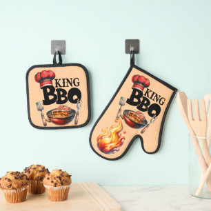Ensemble De Gant De Cuisine Et De Manique BBQ roi, cadeau de Fête des Pères pour grillades