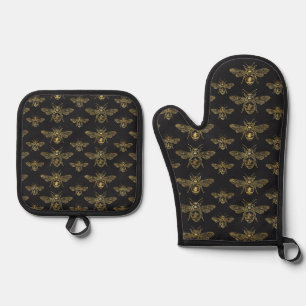 Ensemble De Gant De Cuisine Et De Manique Bee Motif Queen Gold Black