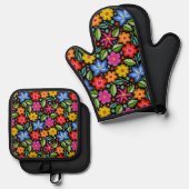 Ensemble De Gant De Cuisine Et De Manique Belle floraison (Recto/Verso)