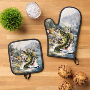 Ensemble De Gant De Cuisine Et De Manique Belle pêche cabine lac maison poisson cuisine
